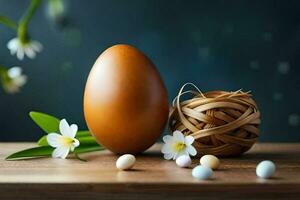 Pasqua uova e fiori su un' di legno tavolo. ai-generato foto