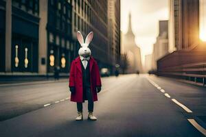 un' coniglio indossare un' rosso cappotto e cravatta in piedi nel il mezzo di un' città strada. ai-generato foto