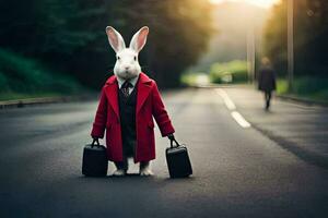 un' bianca coniglio nel un' rosso cappotto e completo da uomo Tenere valigie. ai-generato foto