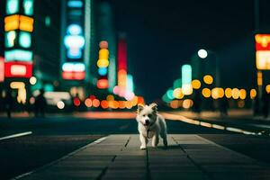 un' cane a piedi su un' città strada a notte. ai-generato foto