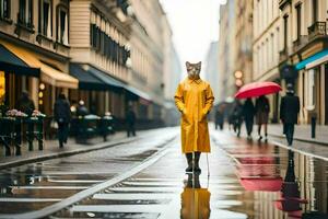 un' Volpe nel un' giallo impermeabile è a piedi giù un' strada. ai-generato foto