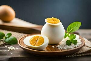 difficile bollito uova su un' di legno piatto con sale e erbe aromatiche. ai-generato foto