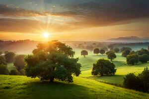 il sole sorge al di sopra di un' verde campo con alberi e colline. ai-generato foto