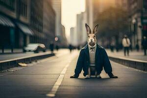 un' coniglio indossare un' giacca si siede su il strada. ai-generato foto