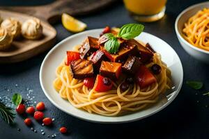 spaghetti con tofu e verdure su un' buio tavolo. ai-generato foto