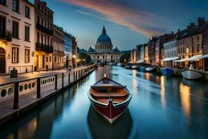 un' barca è attraccato nel un' canale a crepuscolo con edifici nel il sfondo. ai-generato foto