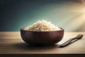 un' ciotola di riso con un' cucchiaio su un' di legno tavolo. ai-generato foto