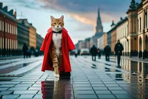 un' gatto nel un' rosso cappotto a piedi giù un' strada. ai-generato foto