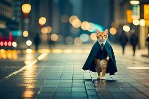 un' gatto vestito nel un' completo da uomo e cravatta a piedi giù un' strada. ai-generato foto