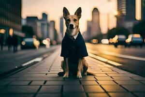 un' cane indossare un' completo da uomo e cravatta si siede su il strada. ai-generato foto