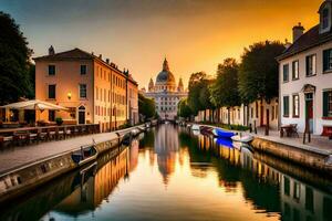 un' canale con Barche e edifici a tramonto. ai-generato foto