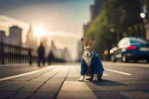 un' coniglio nel un' blu giacca seduta su il strada. ai-generato foto