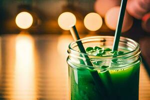 un' bicchiere di verde succo con Due cannucce. ai-generato foto