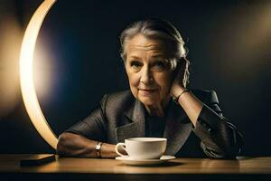 un più vecchio donna seduta a un' tavolo con un' tazza di caffè. ai-generato foto