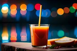 un' bicchiere di succo con un' cannuccia su un' di legno tavolo nel davanti di un' piscina. ai-generato foto