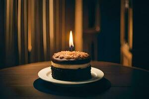 un' piccolo cioccolato torta con un' singolo candela su superiore. ai-generato foto