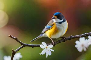 un' piccolo uccello si siede su un' ramo con fiori. ai-generato foto