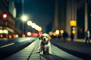 un' cucciolo si siede su il strada a notte. ai-generato foto