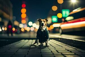 un' cane nel un' completo da uomo in piedi su un' strada a notte. ai-generato foto