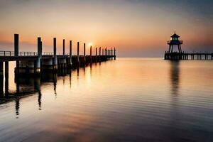 un' molo con un' faro a tramonto. ai-generato foto