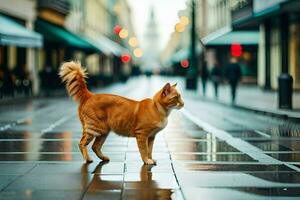 un arancia gatto è a piedi su un' bagnato strada. ai-generato foto