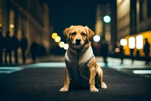 un' cane seduta su il strada a notte. ai-generato foto