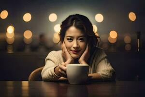 un' donna è seduta a un' tavolo con un' tazza di caffè. ai-generato foto