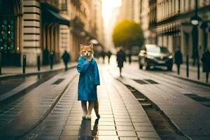 un' gatto nel un' blu cappotto in piedi su un' strada. ai-generato foto