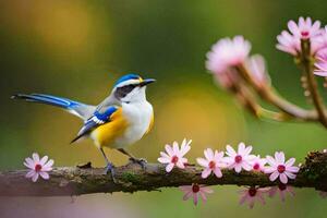 un' blu e giallo uccello si siede su un' ramo con rosa fiori. ai-generato foto