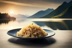 un' piatto di riso con montagne nel il sfondo. ai-generato foto