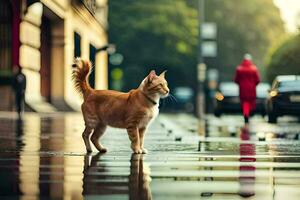 un' gatto è a piedi su un' bagnato strada nel il pioggia. ai-generato foto