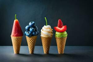 quattro ghiaccio crema coni con diverso frutta nel loro. ai-generato foto