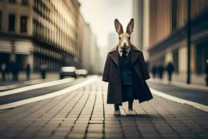 un' coniglio vestito nel un' completo da uomo e cravatta a piedi giù un' strada. ai-generato foto