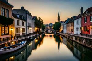 un' canale nel un' città a tramonto con Barche e edifici. ai-generato foto