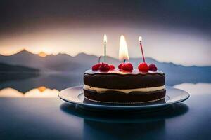 un' cioccolato torta con Due candele su superiore. ai-generato foto