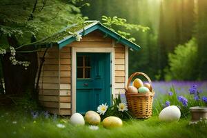 il Casa è nel il mezzo di il erba con un' cestino di uova e un' piccolo di legno Casa. ai-generato foto