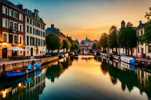 un' canale nel il mezzo di un' città a tramonto. ai-generato foto