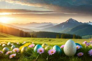 Pasqua uova nel il montagne. ai-generato foto