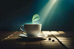 il caffè tazza è su un' di legno tavolo con un' piattino e un' tazza di caffè fagioli. ai-generato foto