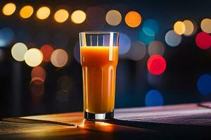un' bicchiere di arancia succo su un' tavolo nel davanti di un' sfocato sfondo. ai-generato foto