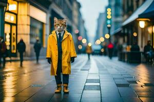 un' gatto indossare un' giallo impermeabile e stivali su un' città strada. ai-generato foto