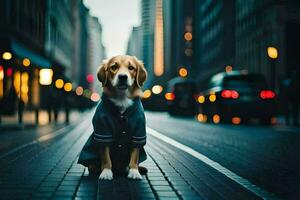 un' cane indossare un' giacca si siede su il strada. ai-generato foto