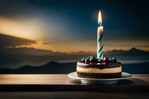 un' compleanno torta con un' singolo candela su superiore. ai-generato foto