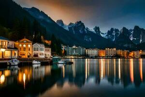 un' bellissimo lago e montagna cittadina a notte. ai-generato foto
