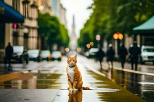 un arancia gatto è in piedi su il bagnato strada. ai-generato foto