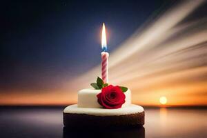 un' singolo candela è illuminato su un' torta con un' tramonto nel il sfondo. ai-generato foto