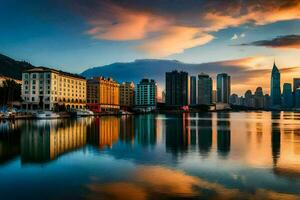 il orizzonte di hong kong a tramonto. ai-generato foto