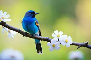 un' blu uccello si siede su un' ramo con bianca fiori. ai-generato foto