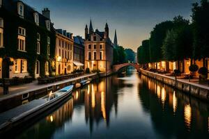 un' canale nel Bruges a crepuscolo. ai-generato foto