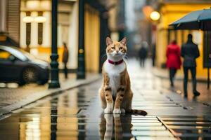 un' gatto è in piedi su un' bagnato strada con un ombrello. ai-generato foto